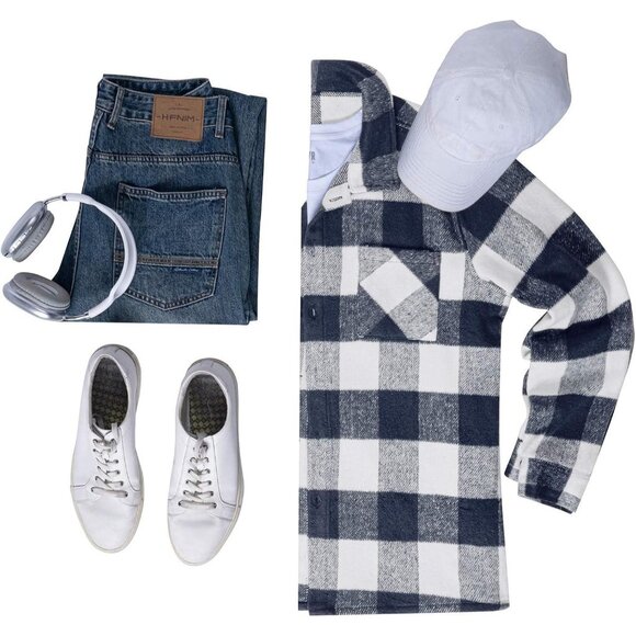 Men's Buffalo Navy Flannel Shirts Casual Button Down Plaid Shirt with Pockets - Picture 5 of 6